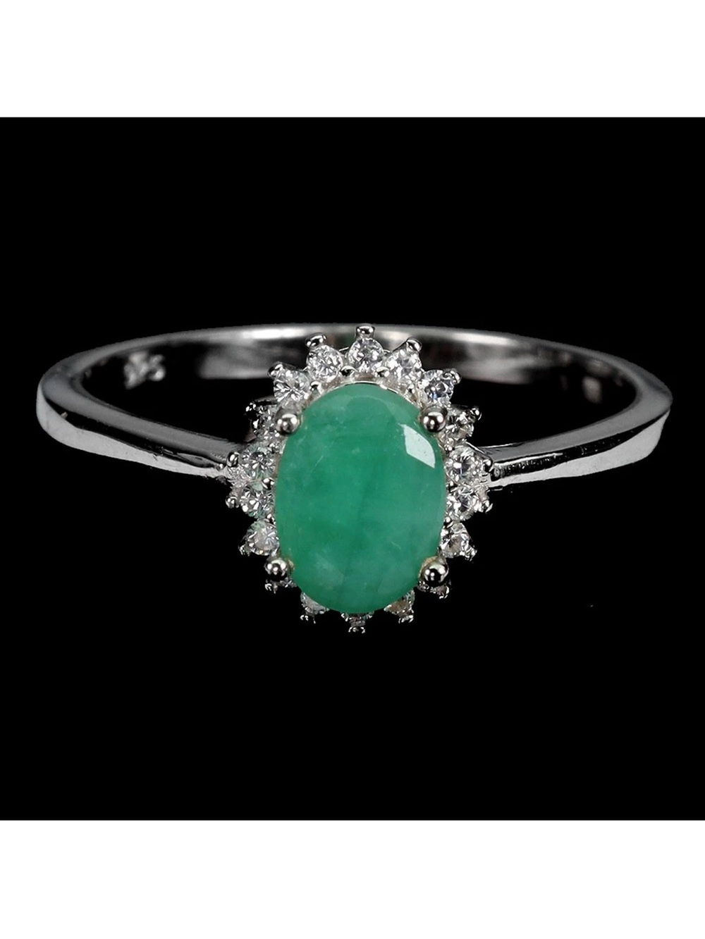 Stunning Genuine Emerald 7x5mm w/ Zircon Halo 925 Sterling Silver Ring